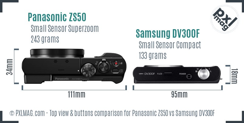 Panasonic ZS50 vs Samsung DV300F top view buttons comparison
