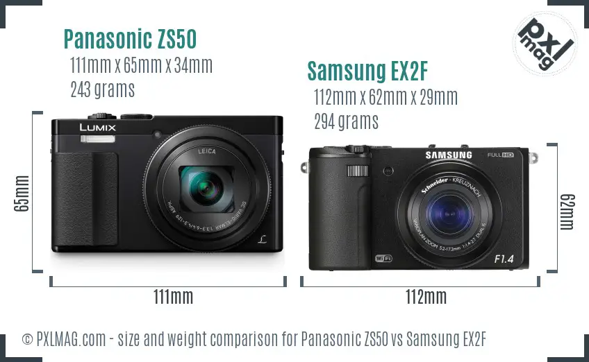 Panasonic ZS50 vs Samsung EX2F size comparison