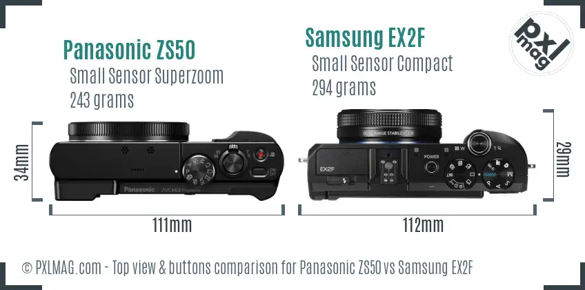 Panasonic ZS50 vs Samsung EX2F top view buttons comparison