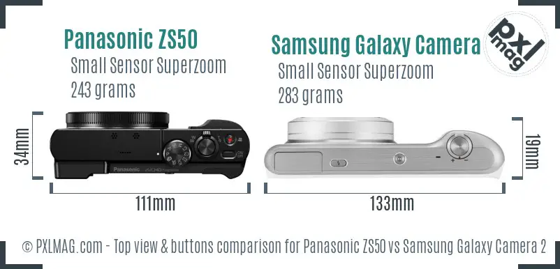 Panasonic ZS50 vs Samsung Galaxy Camera 2 top view buttons comparison Panasonic ZS50 vs Samsung Galaxy Camera 2 top view buttons comparison