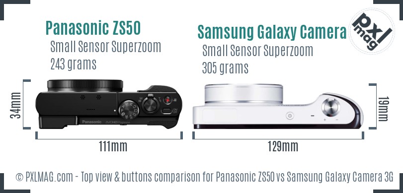 Panasonic ZS50 vs Samsung Galaxy Camera 3G top view buttons comparison