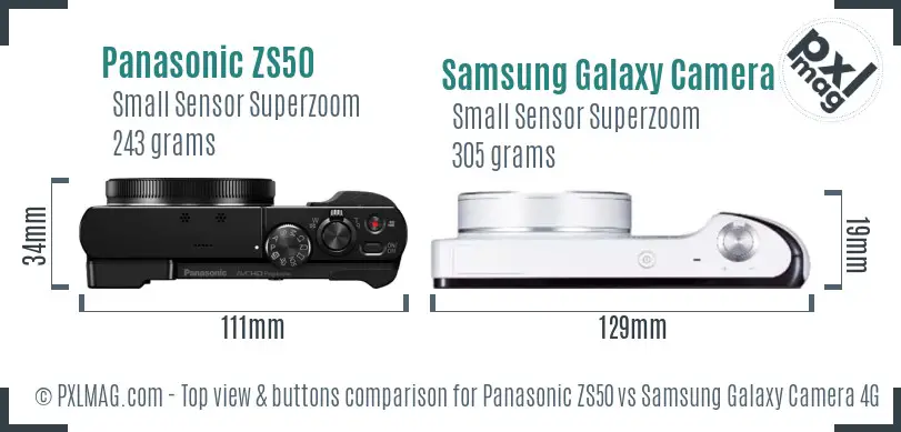 Panasonic ZS50 vs Samsung Galaxy Camera 4G top view buttons comparison