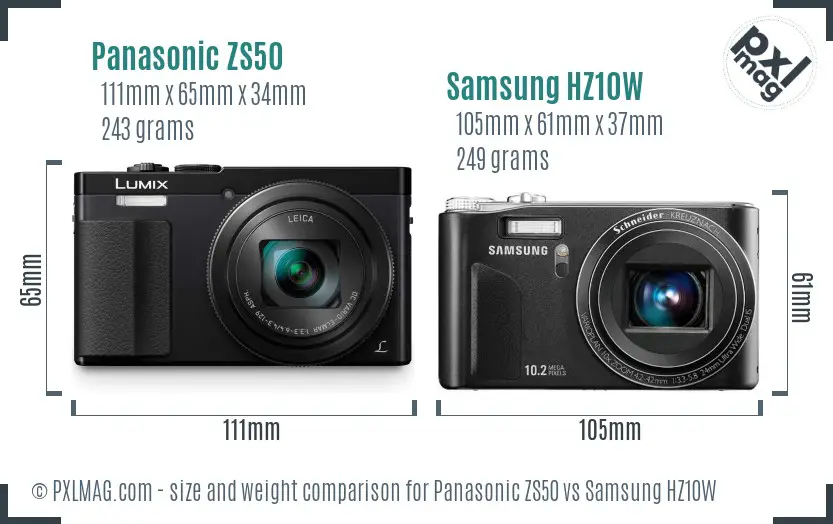 Panasonic ZS50 vs Samsung HZ10W size comparison