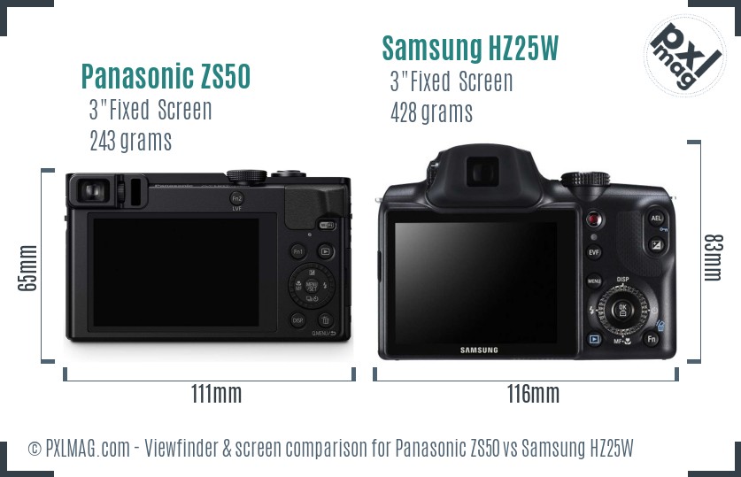 Panasonic ZS50 vs Samsung HZ25W Screen and Viewfinder comparison