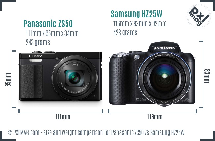 Panasonic ZS50 vs Samsung HZ25W size comparison