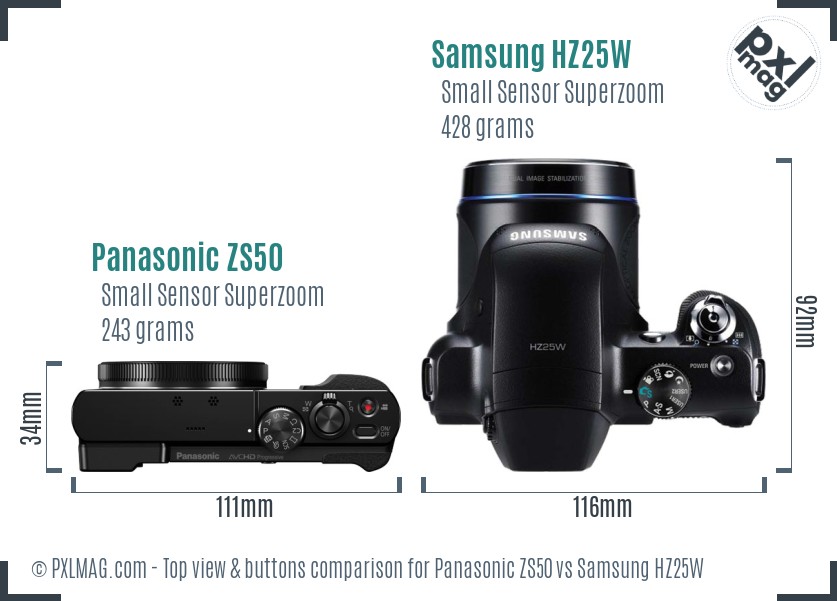 Panasonic ZS50 vs Samsung HZ25W top view buttons comparison