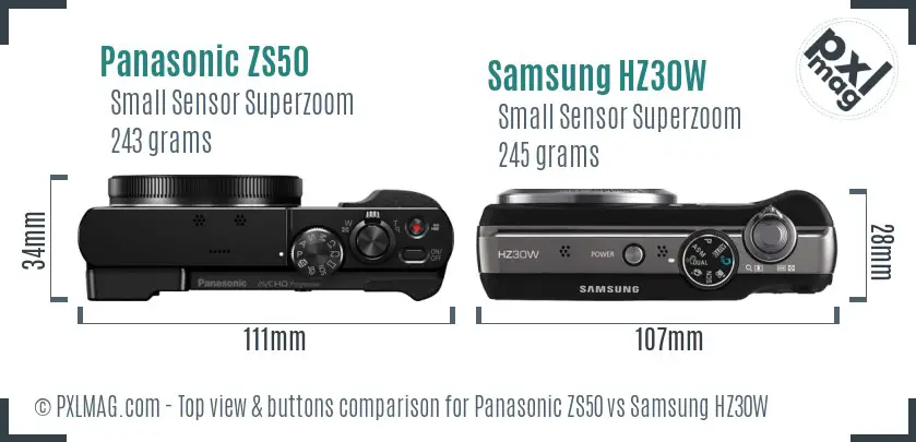 Panasonic ZS50 vs Samsung HZ30W top view buttons comparison