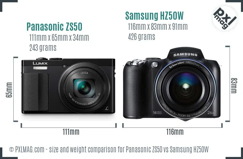 Panasonic ZS50 vs Samsung HZ50W size comparison
