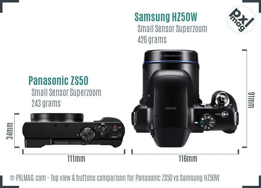 Panasonic ZS50 vs Samsung HZ50W top view buttons comparison