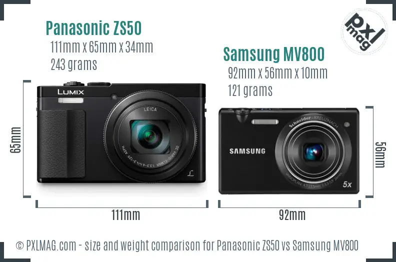 Panasonic ZS50 vs Samsung MV800 size comparison