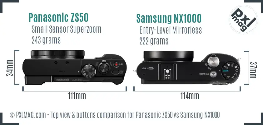 Panasonic ZS50 vs Samsung NX1000 top view buttons comparison