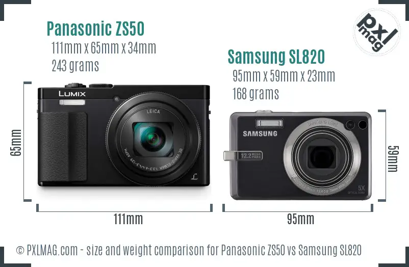 Panasonic ZS50 vs Samsung SL820 size comparison