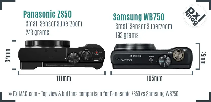 Panasonic ZS50 vs Samsung WB750 top view buttons comparison Panasonic ZS50 vs Samsung WB750 top view buttons comparison