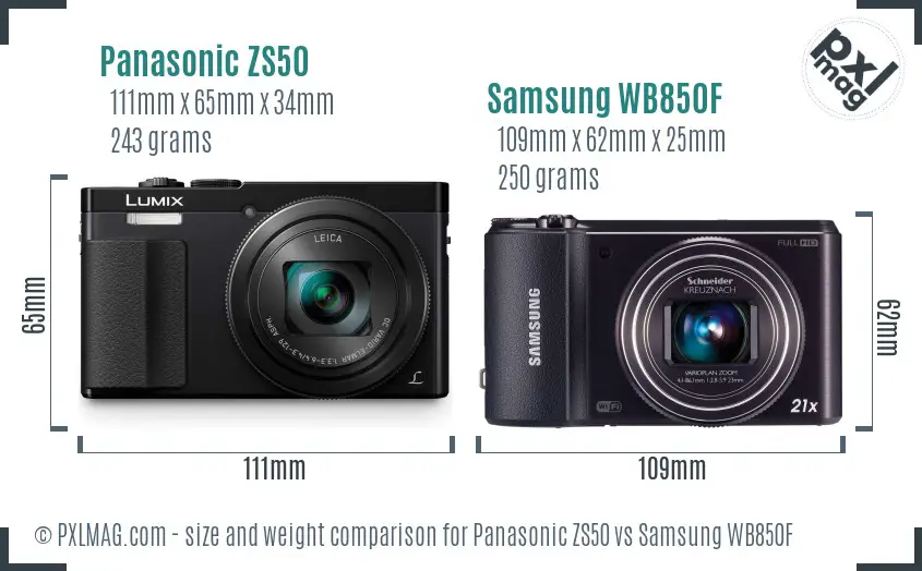 Panasonic ZS50 vs Samsung WB850F size comparison