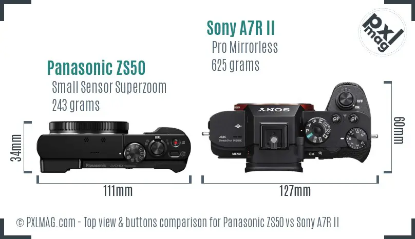 Panasonic ZS50 vs Sony A7R II top view buttons comparison