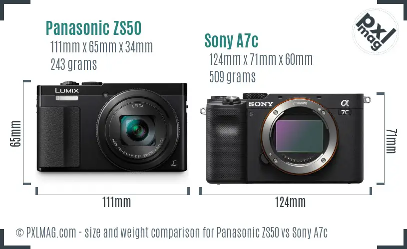 Panasonic ZS50 vs Sony A7c size comparison