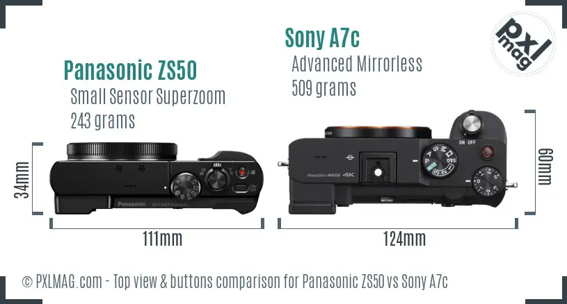 Panasonic ZS50 vs Sony A7c top view buttons comparison