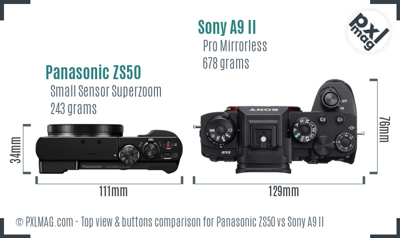 Panasonic ZS50 vs Sony A9 II top view buttons comparison