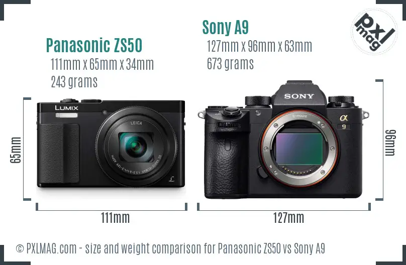 Panasonic ZS50 vs Sony A9 size comparison