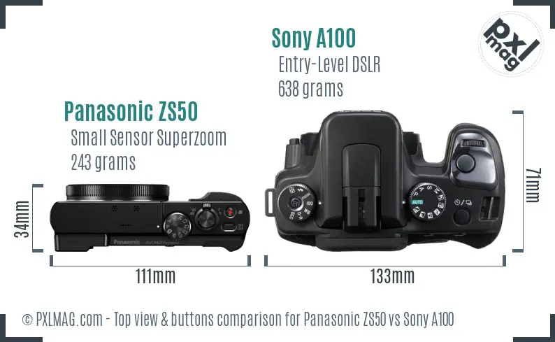 Panasonic ZS50 vs Sony A100 top view buttons comparison Panasonic ZS50 vs Sony A100 top view buttons comparison