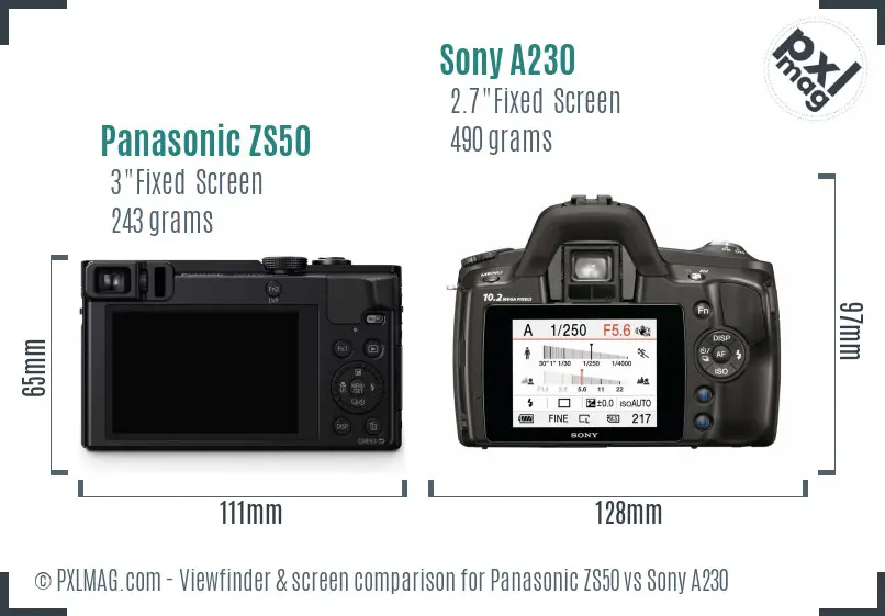 Panasonic ZS50 vs Sony A230 Screen and Viewfinder comparison