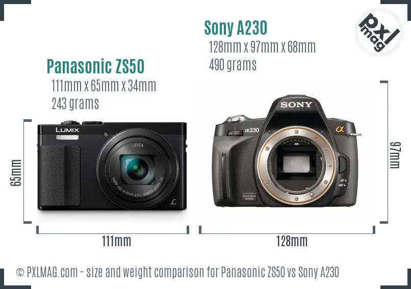 Panasonic ZS50 vs Sony A230 size comparison