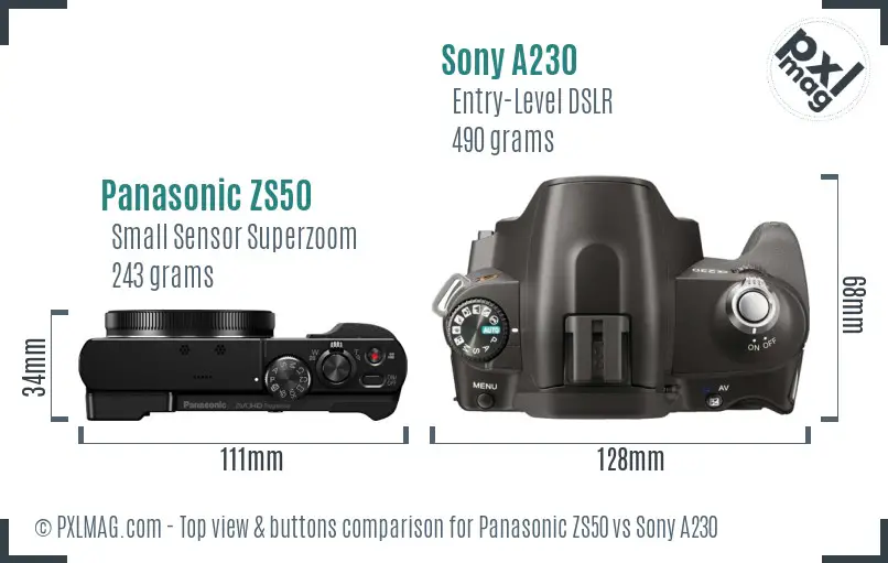 Panasonic ZS50 vs Sony A230 top view buttons comparison