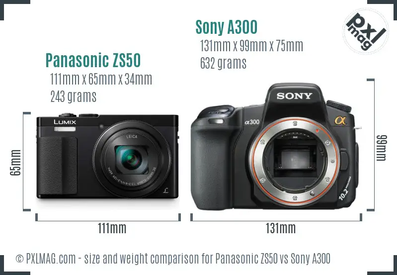 Panasonic ZS50 vs Sony A300 size comparison