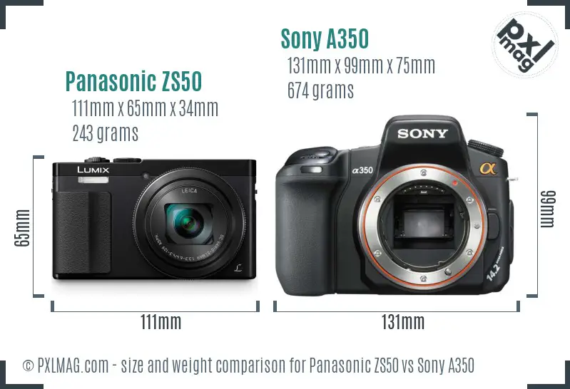 Panasonic ZS50 vs Sony A350 size comparison