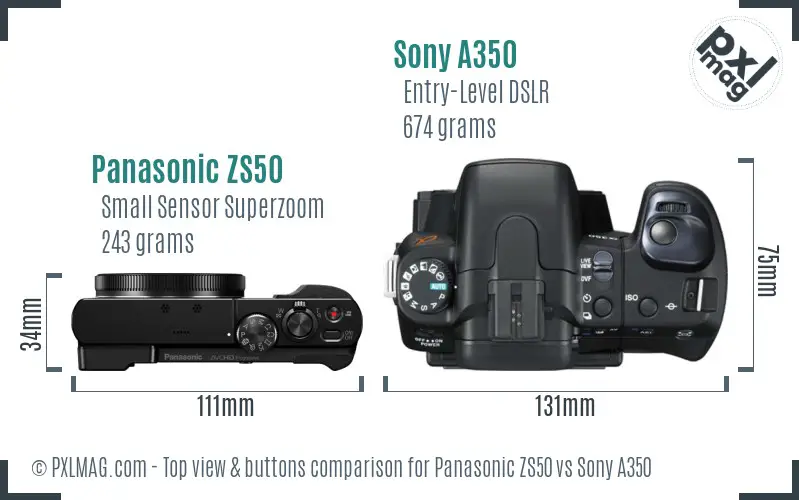 Panasonic ZS50 vs Sony A350 top view buttons comparison