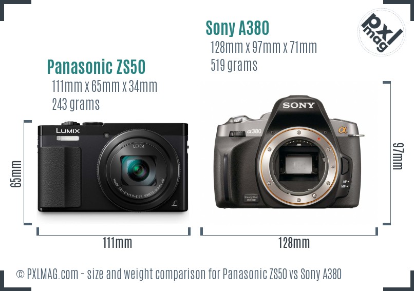Panasonic ZS50 vs Sony A380 size comparison