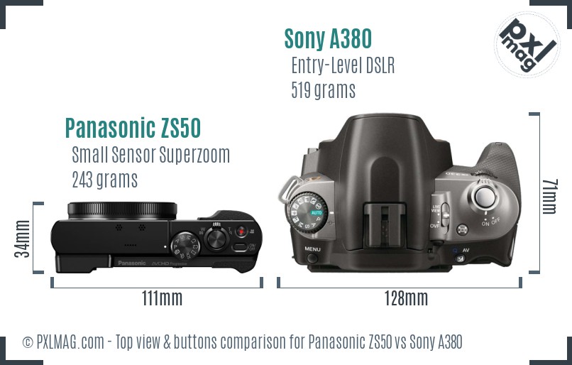 Panasonic ZS50 vs Sony A380 top view buttons comparison