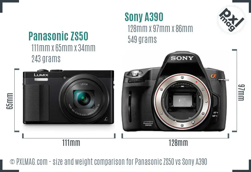 Panasonic ZS50 vs Sony A390 size comparison