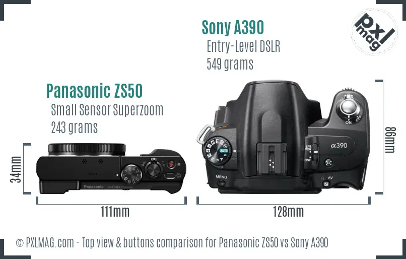 Panasonic ZS50 vs Sony A390 top view buttons comparison