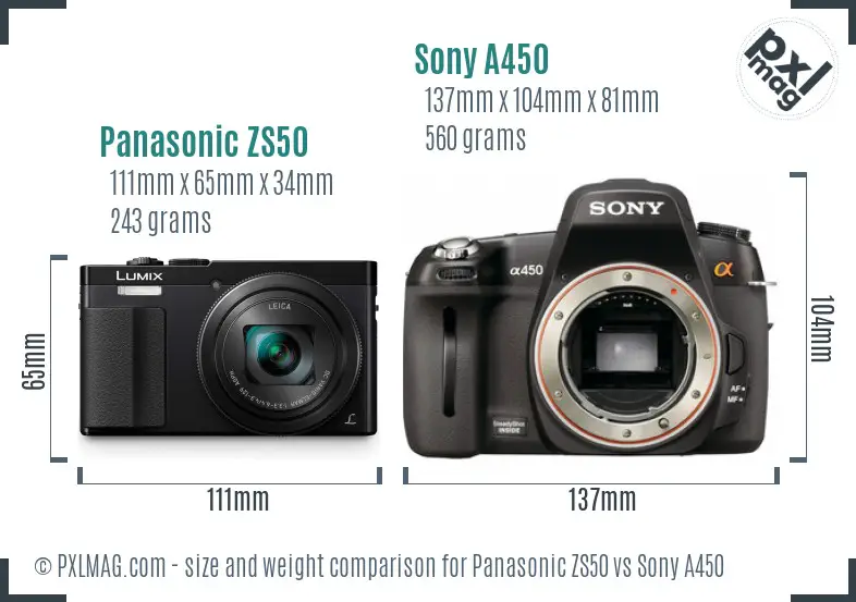 Panasonic ZS50 vs Sony A450 size comparison