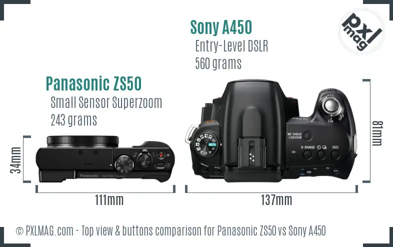 Panasonic ZS50 vs Sony A450 top view buttons comparison