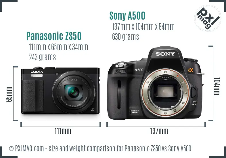 Panasonic ZS50 vs Sony A500 size comparison Panasonic ZS50 vs Sony A500 size comparison