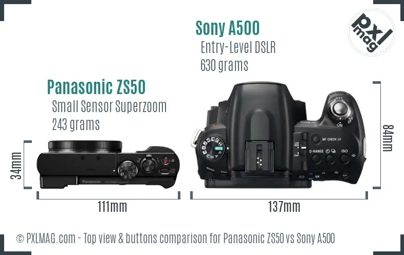 Panasonic ZS50 vs Sony A500 top view buttons comparison Panasonic ZS50 vs Sony A500 top view buttons comparison