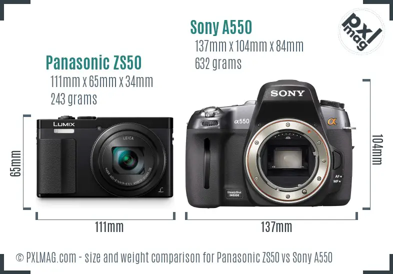 Panasonic ZS50 vs Sony A550 size comparison