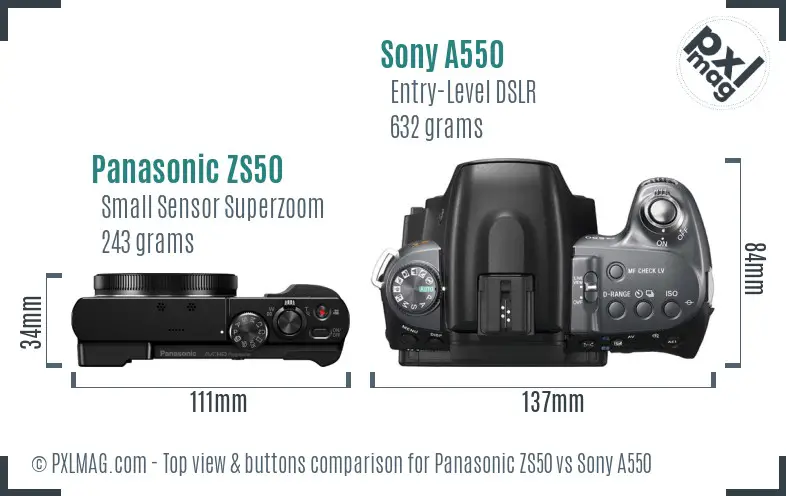 Panasonic ZS50 vs Sony A550 top view buttons comparison