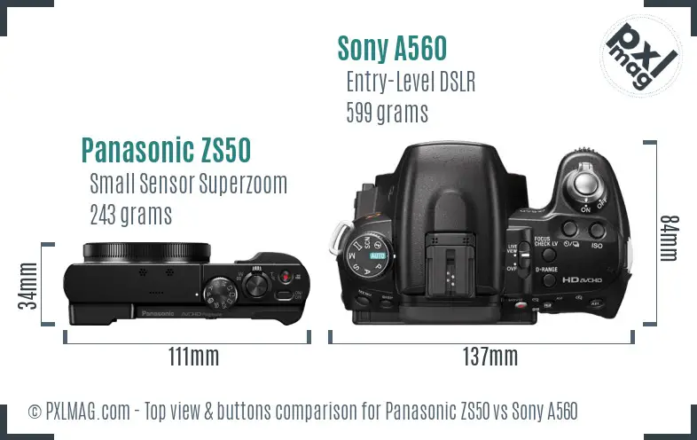 Panasonic ZS50 vs Sony A560 top view buttons comparison Panasonic ZS50 vs Sony A560 top view buttons comparison