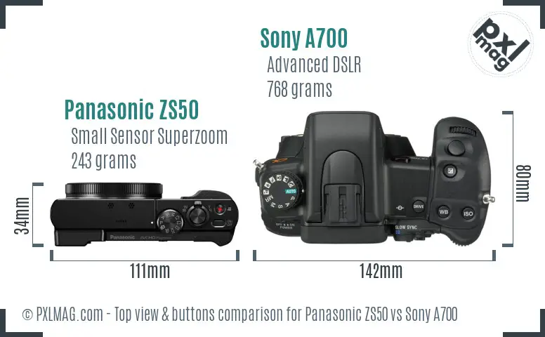 Panasonic ZS50 vs Sony A700 top view buttons comparison Panasonic ZS50 vs Sony A700 top view buttons comparison