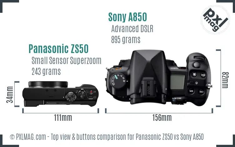 Panasonic ZS50 vs Sony A850 top view buttons comparison Panasonic ZS50 vs Sony A850 top view buttons comparison