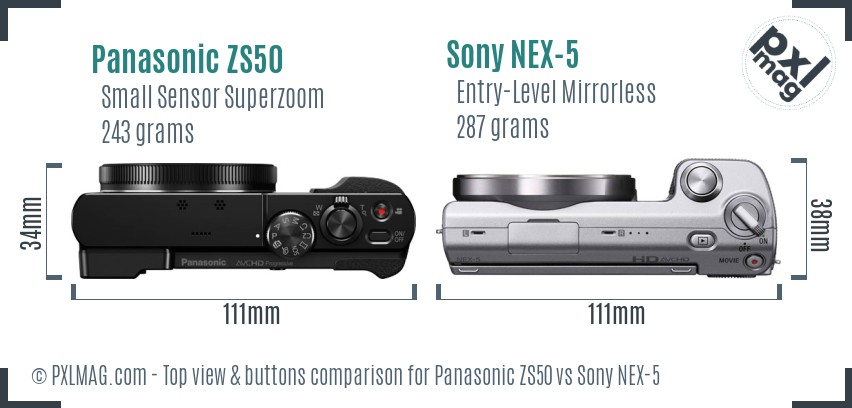 Panasonic ZS50 vs Sony NEX-5 top view buttons comparison