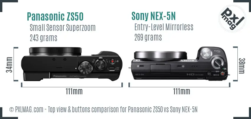 Panasonic ZS50 vs Sony NEX-5N top view buttons comparison Panasonic ZS50 vs Sony NEX-5N top view buttons comparison