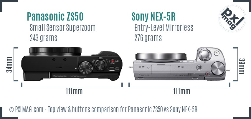 Panasonic ZS50 vs Sony NEX-5R top view buttons comparison