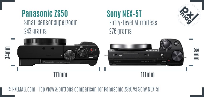 Panasonic ZS50 vs Sony NEX-5T top view buttons comparison
