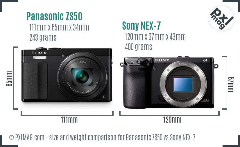 Panasonic ZS50 vs Sony NEX-7 size comparison