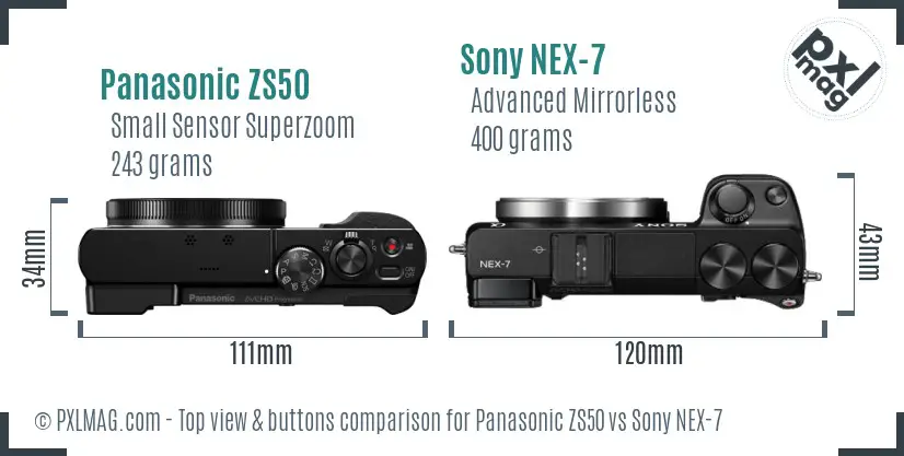 Panasonic ZS50 vs Sony NEX-7 top view buttons comparison