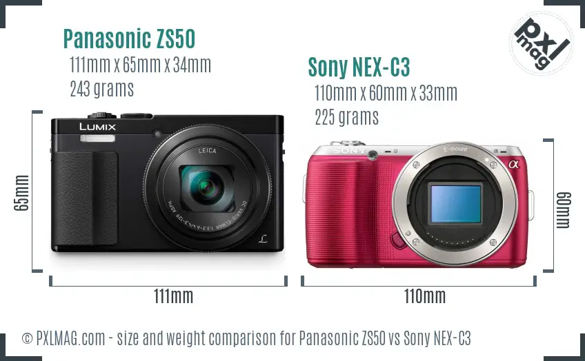 Panasonic ZS50 vs Sony NEX-C3 size comparison